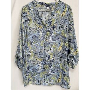 Basic Editions Fashion Blouse‎ Spring Women's Blue Green Paisley 3/4 Sleeves 1X